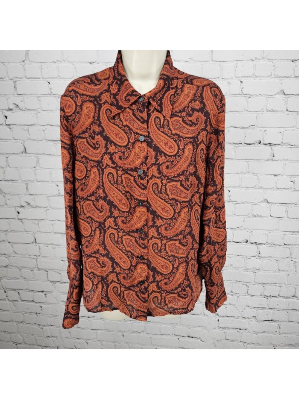 Eddie Bauer Purple 100% Silk Paisley Button Up Long Sleeve Shirt Blouse Top XLP